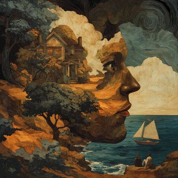 Surreal Dreamscape: A human profile intertwined with a rustic house, vibrant trees, ocean, sailboat, and people on the coast