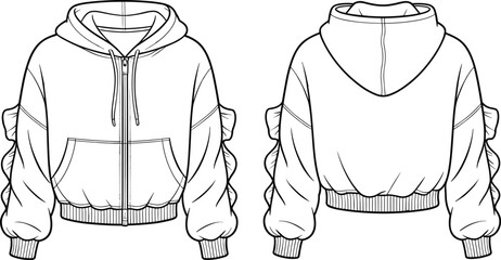 Hooded zip up jacket fashion flat sketch vector illustration with ruffle sleeve detail, kangaroo pocket, garment construction drawing, clothing pattern