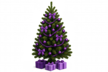 Christmas tree decorated with purple ornaments and bows, presents underneath, holiday celebration concept
