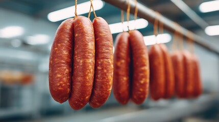 Freshly cured sausages hanging in a modern meat processing facility with a clean and industrial background, showcasing artisanal craftsmanship and quality control