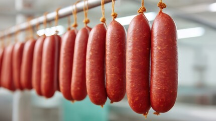 Freshly made sausages hanging in a food processing facility, showcasing traditional curing methods for meat products and artisanal craftsmanship in sausage production.