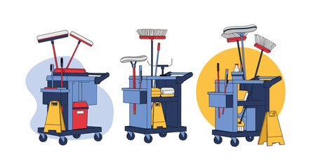 Fototapeta premium Cleaning carts with various cleaning supplies and equipment are displayed.