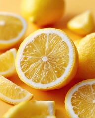 Macro Shot Of Juicy Lemon Slices In Vibrant Yellow Color With Orange Background