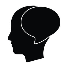 Black silhouette of a human head profile with a white speech bubble inside head silhouette