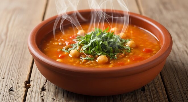 Hot Chickpea Tomato Soup in Clay Bowl on Wooden Surface