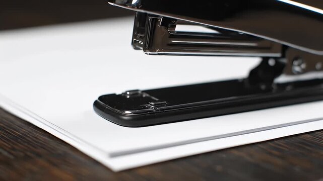 Close-up of a black metal stapler positioned over a stack of white paper on a wooden desk