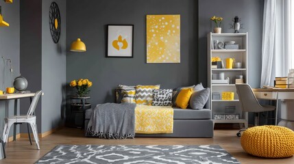 optimistic teenagers room with gray wall furniture and yellow accents no logos no brands ar 169