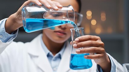 Young woman scientist pouring blue liquid from one Erlenmeyer flask to another in a lab - Powered by Adobe
