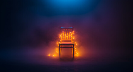 Chair surrounded by magical orange and blue smoke, glowing softly with warm neon illumination. Futuristic surreal concept for design and art themes