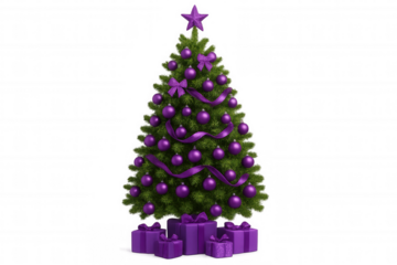 Christmas tree with purple ornaments, ribbon, bows and star, surrounded by wrapped gifts, festive holiday season concept