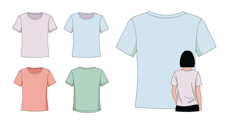 Different colors of t-shirts laid out and a person wearing one.