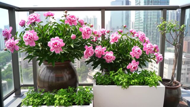 Pink peonies in balcony pots