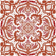 Red ornamental mandala pattern on white background with intricate swirl and floral elements. Perfect for traditional textile, ceramic tile, gift wrap, and vintage decorative projects
