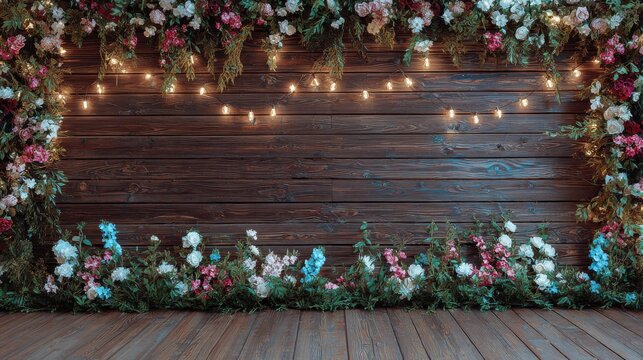 wooden wall fence adorned with flowers and festive christmas lights ideal for event or wedding photo shoot backdrop  backdrop  photo shoot