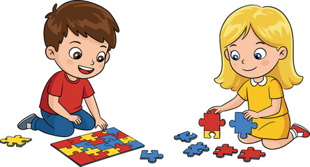 Children playing with colorful puzzle pieces on floor, educational activity for kids, cognitive development, teamwork, learning through fun interaction