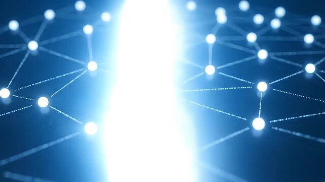 Bright digital network connecting glowing nodes, representing futuristic data flow and global connection.