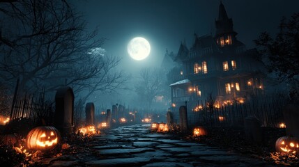 eerie halloween night spooky haunted house carved pumpkins and graveyard path under a full moon dark mysterious and festive 3d render
