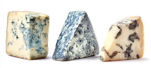 Three different types of cheese slices on white background