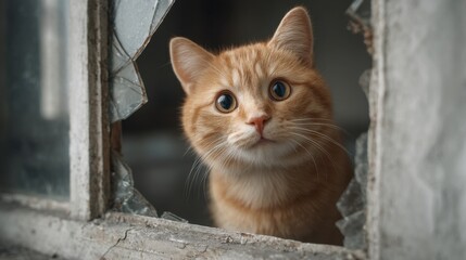 Curious Orange Cat Peeking Through Broken Window Surrounded by Glass Shards in Dimly Lit Room, Captivating Expression of Feline Wonder and Intrigue