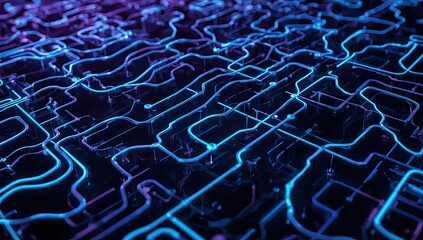 Intricate glowing blue and purple light trails illuminate a complex network of abstract pathways across a dark surface, creating a modern, digital aesthetic with a futuristic and technological...