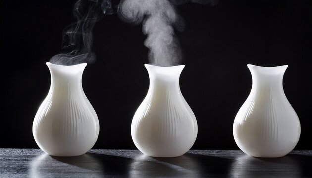 tres jarrones blancos de los que sale vapor