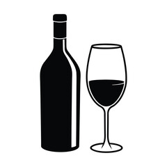 Black silhouette of wine bottle and glass filled with dark liquid wine glass drink