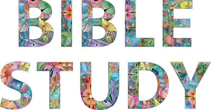 BIBLE STUDY in the style of abstract hand drawing. Letters with ornament