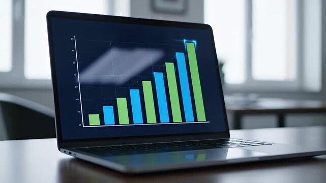 Bar chart on laptop screen shows upward trend of business growth and positive financial performance