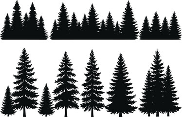 "Black conifer tree silhouette vector set with forest grouping and individual pine shapes for nature, landscape, and design themes"