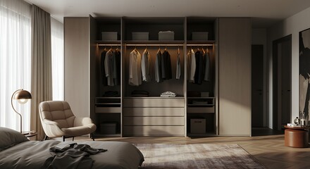 Serene Modern Bedroom with Integrated Walk-in Closet and Warm Lighting.