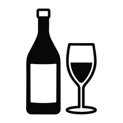 Black silhouette of wine bottle and glass with dark liquid wine glass drink