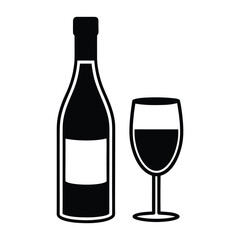 Black silhouette of wine bottle and glass with red wine glass drink