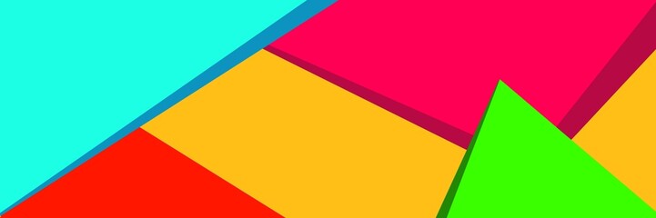 Vibrant, abstract image of overlapping, flat geometric shapes in cyan, magenta, yellow, red, and bright green.