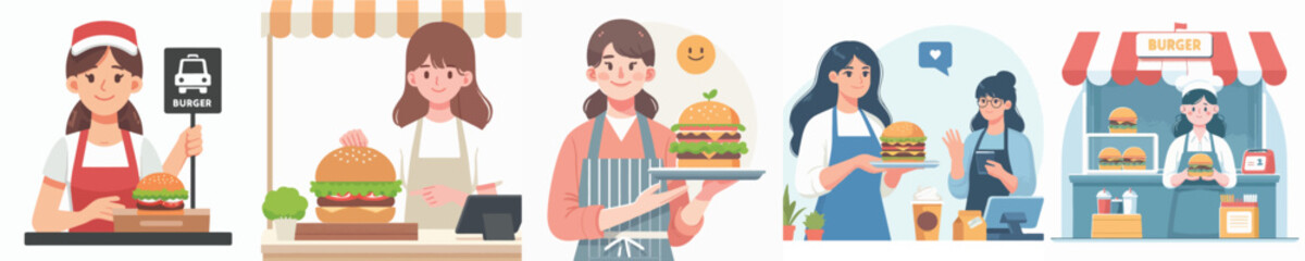 vector of woman selling burger