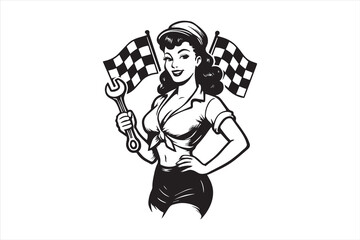 Vintage pin up girl mechanic holding wrench with checkered racing flags. Retro style illustration for garage, motorsport, racing emblem, automotive repair, or logo design.