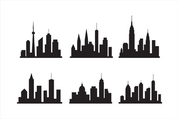 City skyline silhouette vector set with skyscrapers and modern buildings. Black urban landscape design isolated on white. Perfect for architecture, cityscape, and skyline illustration.