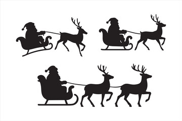 Santa Claus silhouette riding sleigh pulled by reindeer. Black vector Christmas design isolated on white. Perfect for holiday, winter, festive, and celebration elements.
