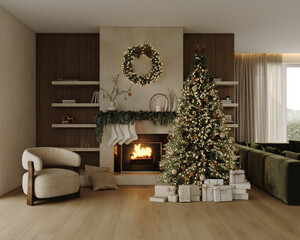 Modern Christmas living room with wreath and fireplace. Stylish festive interior with holiday tree, cozy neutral tones and warm lighting