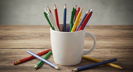 Vibrant Colored Pencils in Rustic White Mug, Artistic Still Life.