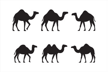Set of camel silhouettes with one and two humps in walking poses. Black vector camels isolated on white, perfect for desert, travel, wildlife, safari, and cultural design elements.