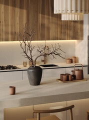 Minimalist kitchen interior with wooden details and decor vase. Contemporary design in beige tones with clean lines and cozy atmosphere.
