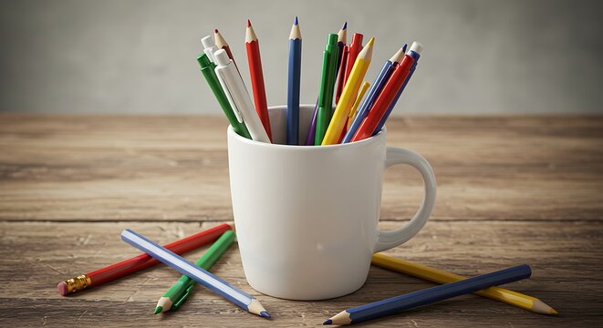 Vibrant Colored Pencils in Rustic White Mug, Artistic Still Life.