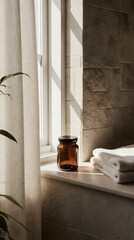 Brown glass jar on bathroom windowsill with folded towels