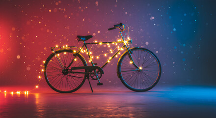 Classic bicycle wrapped in golden fairy lights under pink gradient sky. Warm romantic atmosphere for lifestyle or travel visuals.