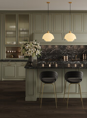 Luxury kitchen with dark marble island and pendant lights. Sophisticated interior with muted cabinetry and elegant contemporary design.