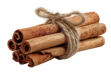 cinnamon sticks bundle and tied with twine, isolated on transparent background