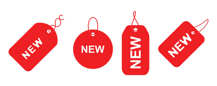 New product labels. Red stickers with "New" labels in price tag, circular badges and spark shape frames for sale, special offer and new arrival promotion.