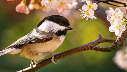 Obraz premium close up macro shot of a charming chickadee perched delicately on a blossoming branch in a vibrant spring forest