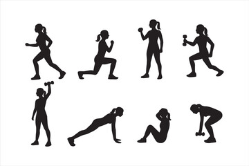 Set of women fitness silhouettes with dumbbells, running, lunges, planks, and sit-ups. Black vector workout poses isolated on white for sport, gym, health, and design elements.