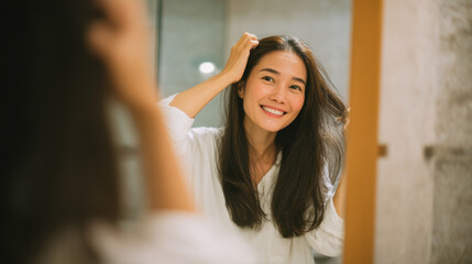A young woman stands in front of a mirror smiling as she gently touches her hair, enjoying a self-care moment in a well-lit bathroom.